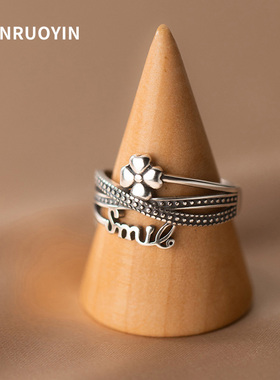 925银戒指女四叶草复古做旧指环