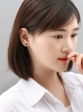 925银黑色方形养耳洞免摘耳钉女