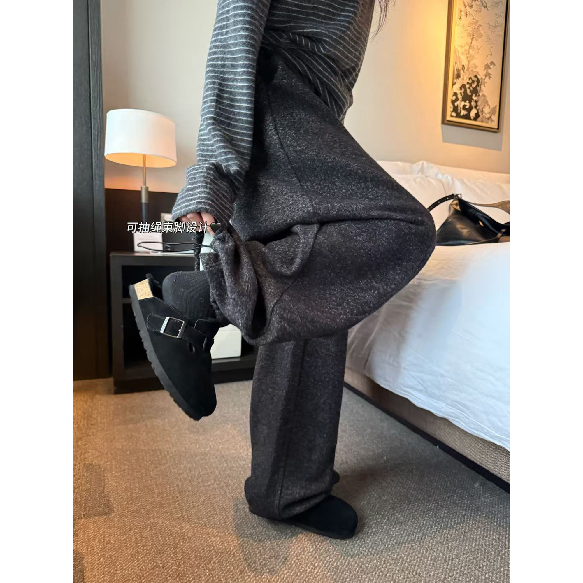 LIL CHER抗冻加绒毛呢质感宽松显瘦立体气球裤弯刀裤阔腿长裤秋冬 - 图0