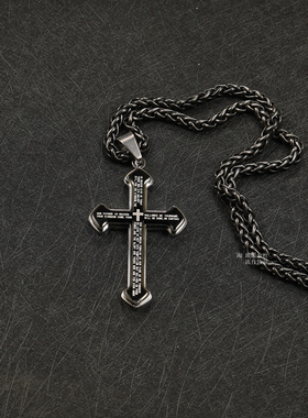 十字架双层霸气男士项链个性钛钢吊坠朋克挂坠嘻哈风高街潮毛衣链