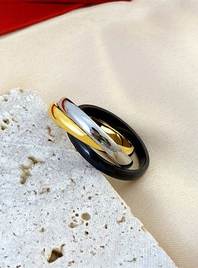 三环三色钛钢镀三圈戒指情侣对戒