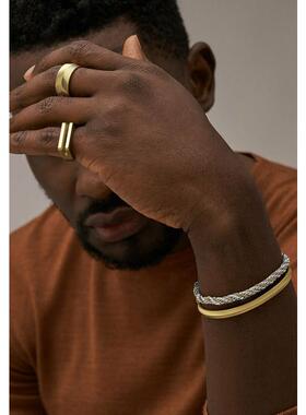 代购Fossil化石男士戒指时尚百搭现代感个性不锈钢金色简约