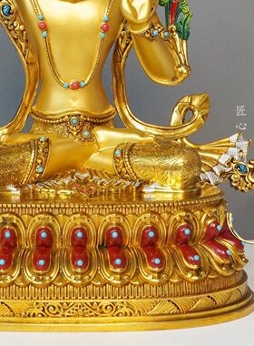 尼泊尔工艺文殊菩萨精工铜雕半彩绘鎏金文殊师利佛像纯铜手工錾刻