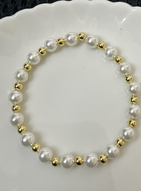 施家正圆强光弹力松紧手链14k小金珠轻奢高级感冷白色手串珠小众