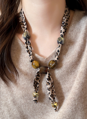 豹纹丝巾虎眼石串珠毛衣项链女