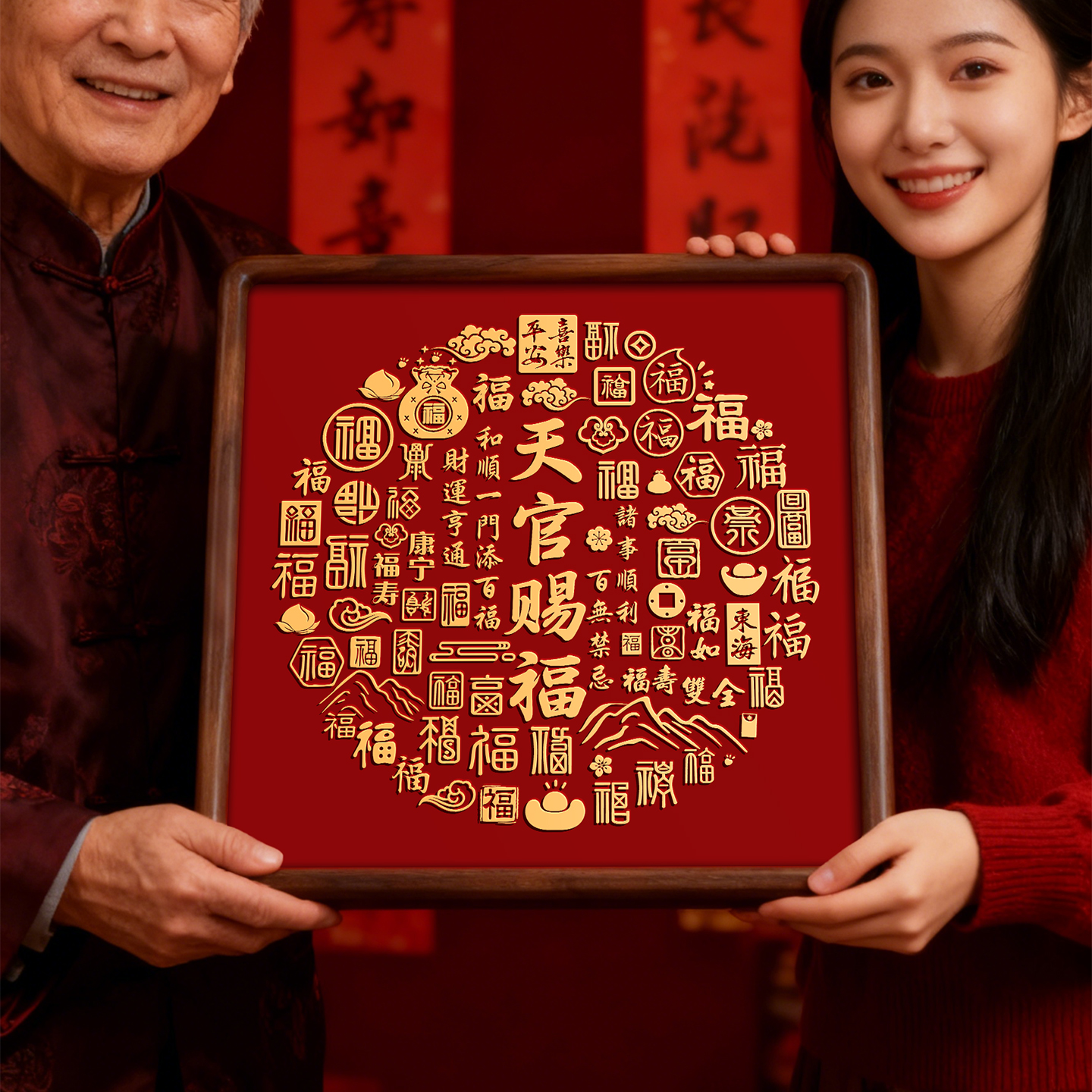 铜雕装饰画入户玄关天官赐福百福图新年喜庆福字乔迁新居装饰摆件 - 图3