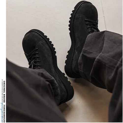 方三火 秋冬黑色反绒皮德比鞋男厚底复古低帮工装休闲圆头潮鞋男 - 图1