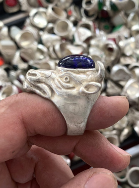 仿古臧银戒指 蓝色玛瑙羊头款民族饰品戒指 复古