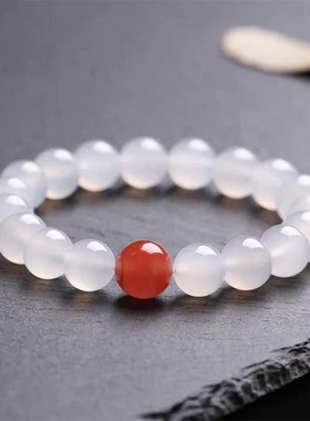 天然冰种白色玛瑙手链红玛瑙配珠 单圈冰透白色玉髓手链鸿运当头