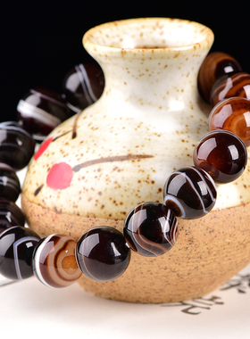 天然黑纹玛瑙手链 缠丝黑条纹玛瑙手链圆珠