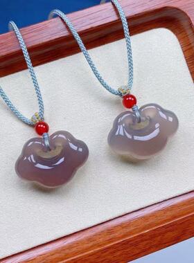 天然冰种烟灰玛瑙祥云如意锁吊坠玉髓平安锁款式吊坠项链