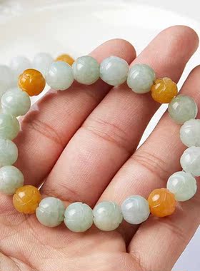 天然翡翠莲花珠手链 A货转运玉珠子三彩翡翠手串 玉石手串男女款