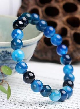 天然蓝纹玛瑙手链缠丝条纹玛瑙蓝玉髓圆珠手串手链缠丝玛瑙
