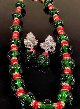 南瓜手工琉璃叶子套装新款中古青岛毛衣链项链耳饰银针热销流行