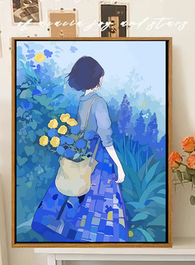 治愈蓝色系少女背影数字油画