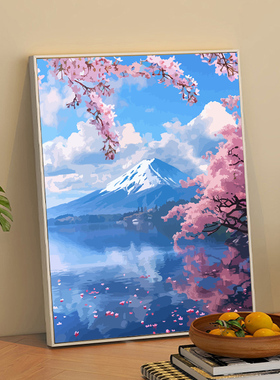 富士山下樱花数字油画diy