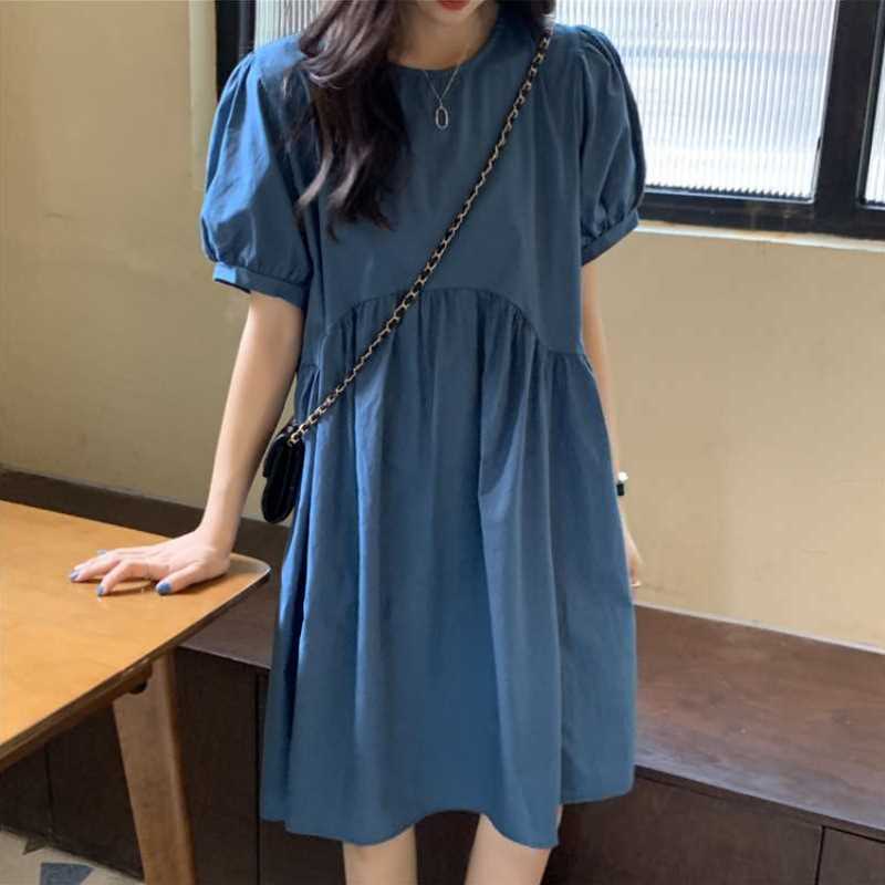 都市性感丽人孔雀蓝连衣裙女2021年新款复古宽松泡泡袖短袖初恋裙