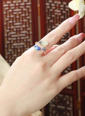 2026中国风景泰蓝烧蓝玉兰花开口可调节戒指环女复古优雅气质古典
