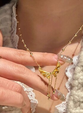 2026镀银法式复古拉丝流苏蝴蝶圆珠项链在逃厂家直销