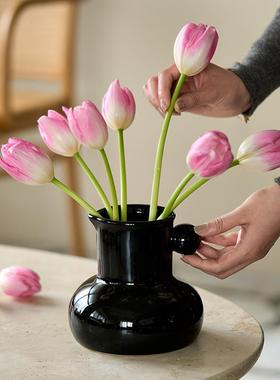 南十字星 法式中古奶壶陶瓷花瓶黑色高级感摆件客厅鲜花插花花器