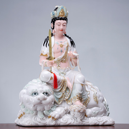 涛羽 文殊普贤佛像 汉白玉石雕文殊普贤菩萨华严三圣居家敬奉摆件 - 图0