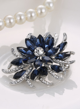 Crystal Flower Brooch Pins Women Deep Blue Flower Broches