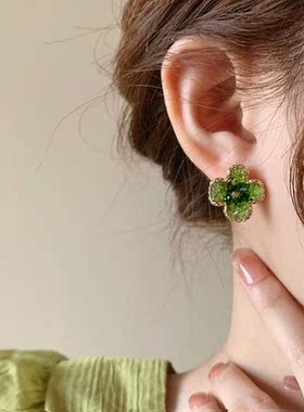 2023 New Korean Gradient Green Crystal Flower Stud Earrings
