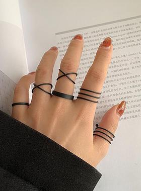 Punk Ring Set Black Sliver Color Simplicity Hip Pop Women