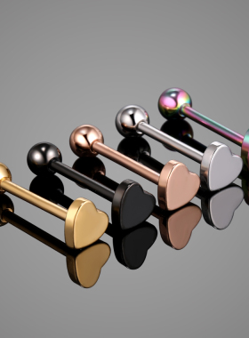 1PC 14G Steel Heart Logo Tongue Barbell Piercings Rose Gold