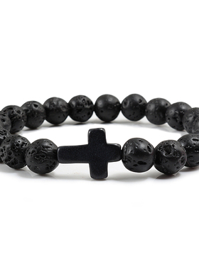 Charm Natural Stone Bracelet Cross Black Lava Matte Beaded