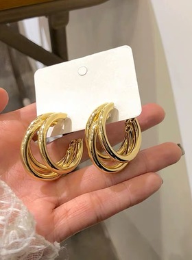 Three-ring Hoop Earrings For Women Modern Gold Plated