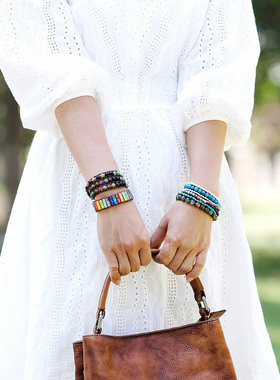 Vintage Leather Bracelets 6MM Matte Stone 3 Strands Wrap Bra