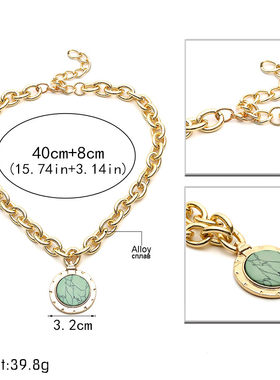 2023 Vintage Green Stone Pendant Necklace Statement Gold