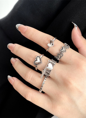 Fashion Heart Rings Set Love Chain Kpop Punk Rings for