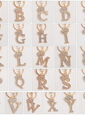 Creative 26 Letter Rhinestone Crown Keychain For Women Gold