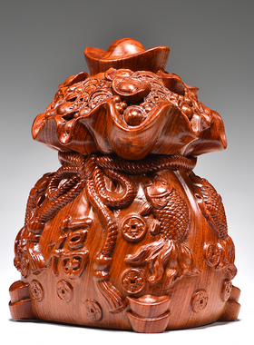 花梨木雕刻福袋子摆件实木制家居客厅桌面装饰工艺品乔迁开业送礼