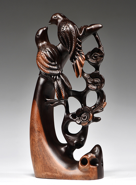 黑檀木雕喜上眉梢根雕摆件喜上枝头喜鹊客厅家居电视柜装饰工艺品