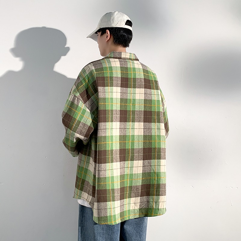 长袖格子衬衫男春秋新款美式衬衣情侣潮牌复古宽松休闲青少年外套 - 图2