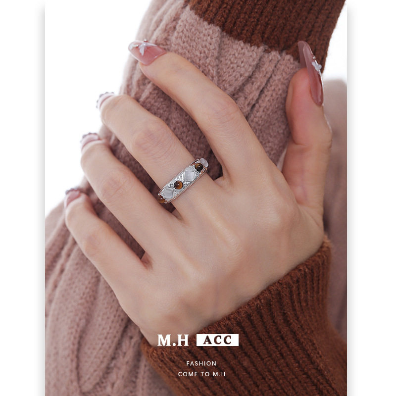 Retro Maillard tiger eye stone ring for women new niche light luxury high-end temperament versatile adjustable index finger ring