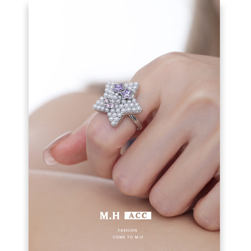Pearl five-pointed star ring for women, light luxury niche original design, high-end index finger ring, sweet, cool and versatile open ring