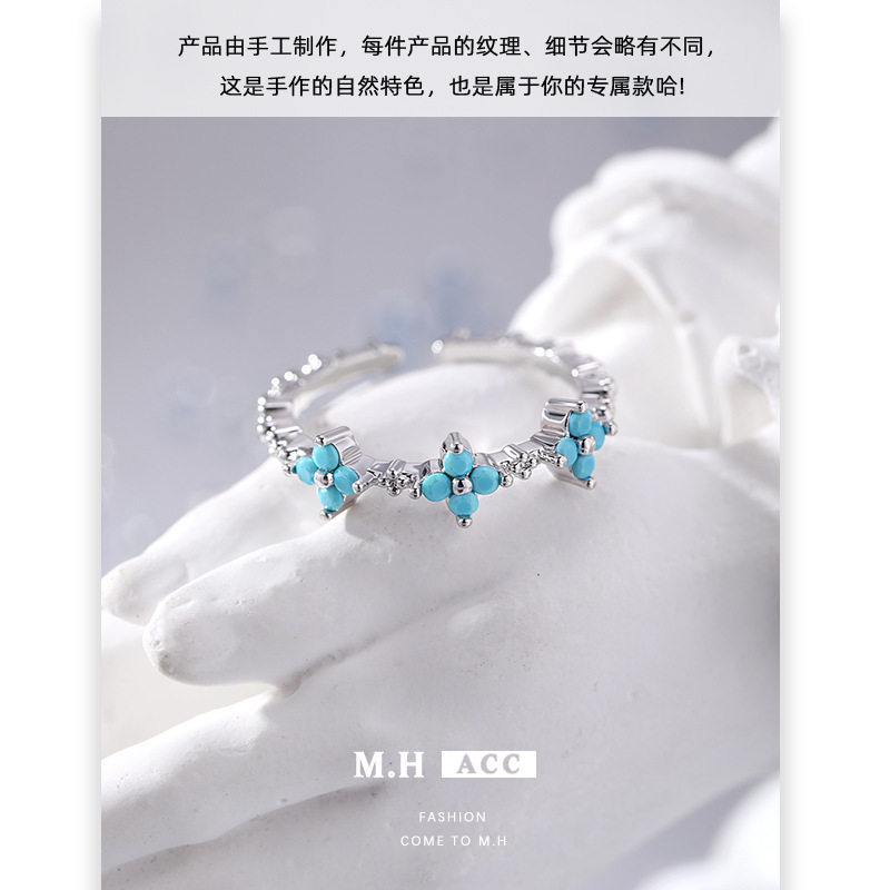 Fresh blue flower ring for women, light luxury, retro temperament, fashionable and versatile, high-end index finger ring jewelry wholesale
