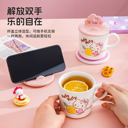 hellokitty创意陶瓷马克杯带盖手机支架杯女家用可爱卡通喝水杯子 - 图1