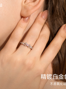 潮色绘925银蝴蝶结戒指女款