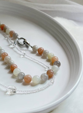 VN JEWELRY天然石多宝多彩月光石项链钛钢双圈扣锁骨链颈链
