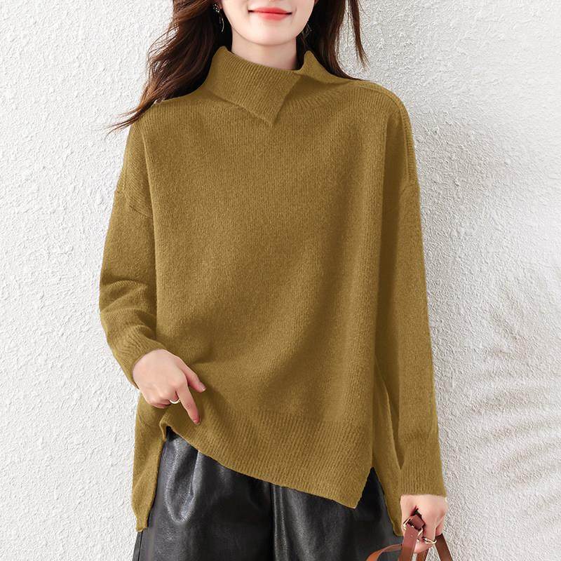 复古慵懒风咖色高领毛衣女冬季新款宽松显瘦设计感开叉针织衫上衣,淘宝优惠券,粉丝福利购,淘宝优惠卷