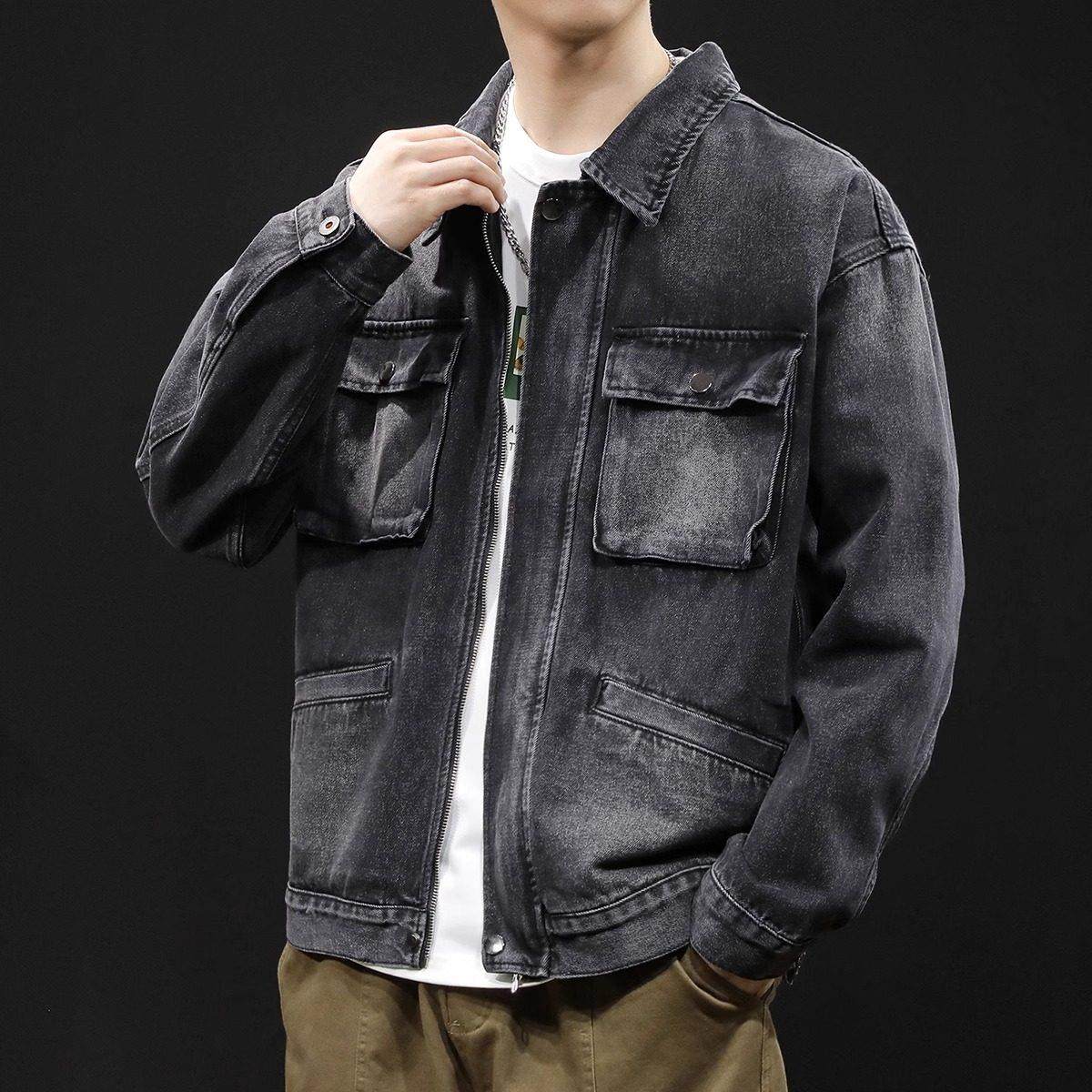 it Afternnaths潮牌黑色牛仔外套男秋冬高级感多口袋大码工装夹克,淘宝优惠券,粉丝福利购,淘宝优惠卷