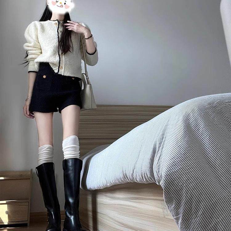 ROUJE NAIVE黑色配靴子毛呢短裤女春秋新款高腰显瘦a字打底休闲裤,淘宝优惠券,粉丝福利购,淘宝优惠卷