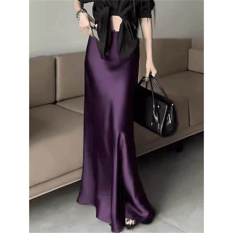 紫色缎面长裙2025年夏季女装新款高端轻成熟优雅褶皱抱臀鱼尾长裙,淘宝优惠券,粉丝福利购,淘宝优惠卷