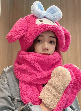 秋冬天帽子可爱达菲熊雪莉玫帽子围巾一体女迪士尼护耳帽防寒围脖
