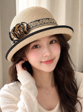 法式复古花朵草编宽檐防晒草帽女